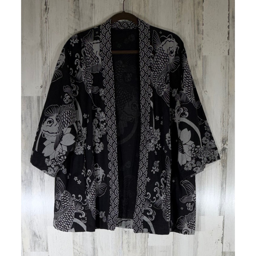 Harem Pants Kimono Cardigan Black Koi Fish Floral Haori Handmade Thailand Unisex